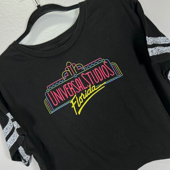Universal Studios Cropped Tee Florida Graphic Top Striped Sleeve Womens Large - Picture 1 of 5